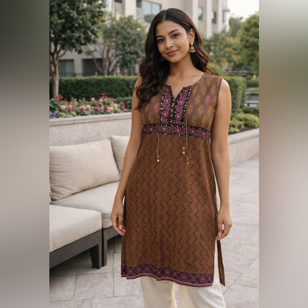 Soch Brown Sleeveless Tunic with Embroidered Details Indian Kurti Cotton